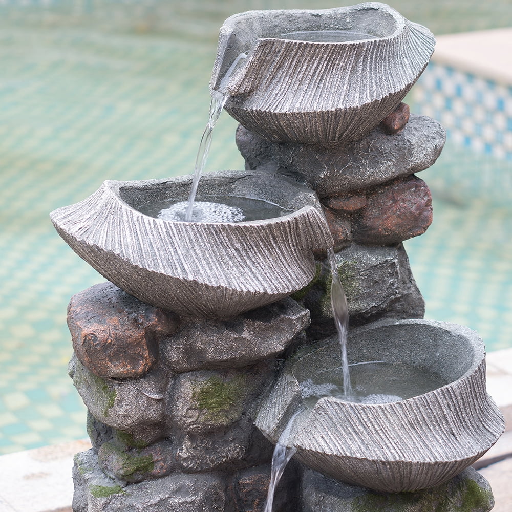 CoSoTower 19X15X31.5" Indoor Outdoor Stone Water Fountain, 4-Tier Polyresin Cascading Rock Bowl Freestanding Fountain with LED Light