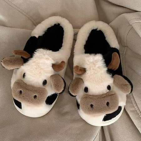 

CoCopeanut Cute Cow Slippers Women Shoes Winter Slippers Indoor House Shoes Warm Plush Slipper Couples Home Platform Slides Kawaii Footwear