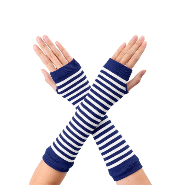 1 par de guantes de punto sin dedos con estampado de rayas para mujer Blue White One Size