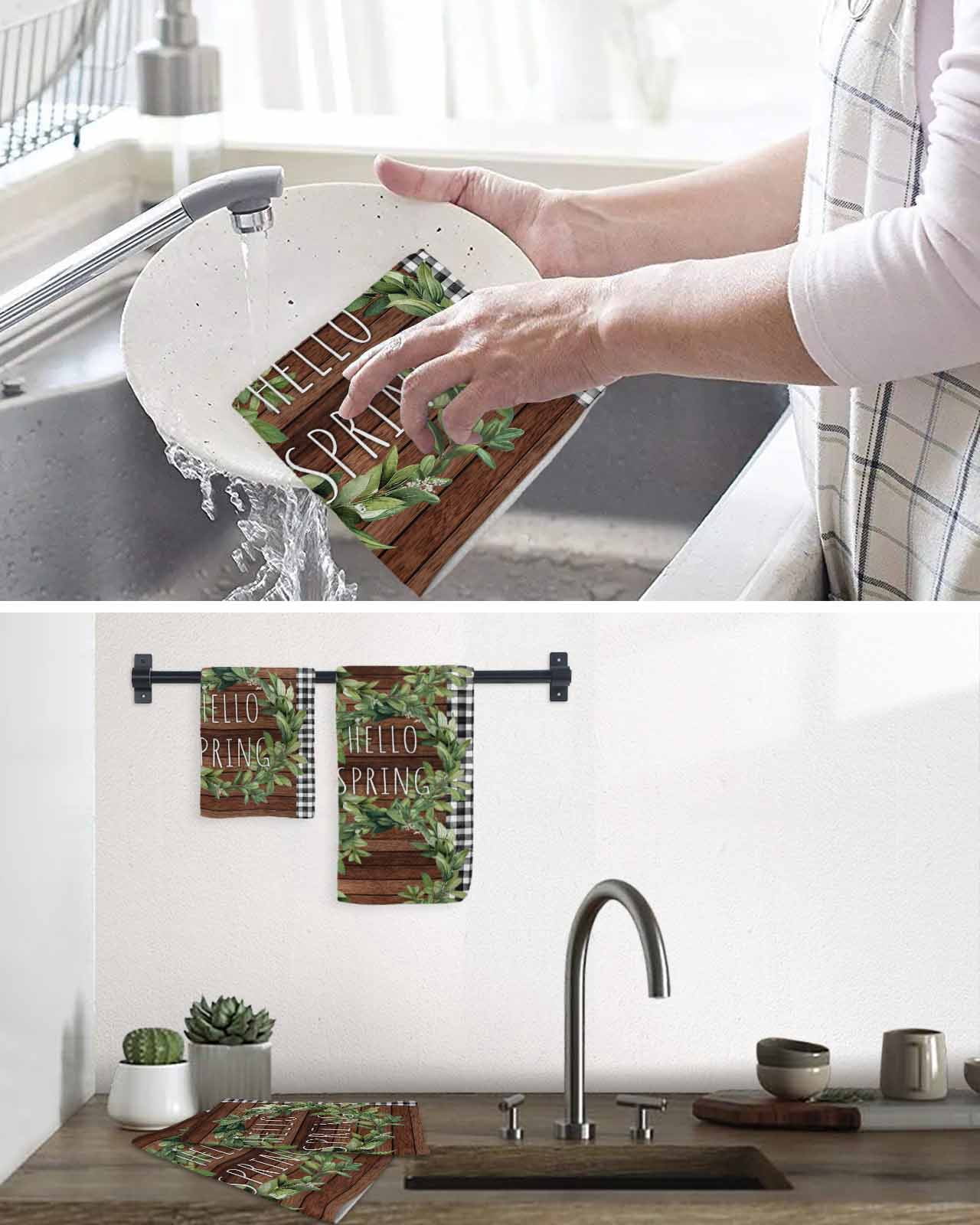 Farmhouse Green Garland Kitchen Dish Towels for Drying Dishes Set of 2, Spring Black Plaid Wood Grain Waffle Weave Microfiber Hand Tea Bathroom Towels Quick Dry & Absorbent Towel 15.7x23.6
