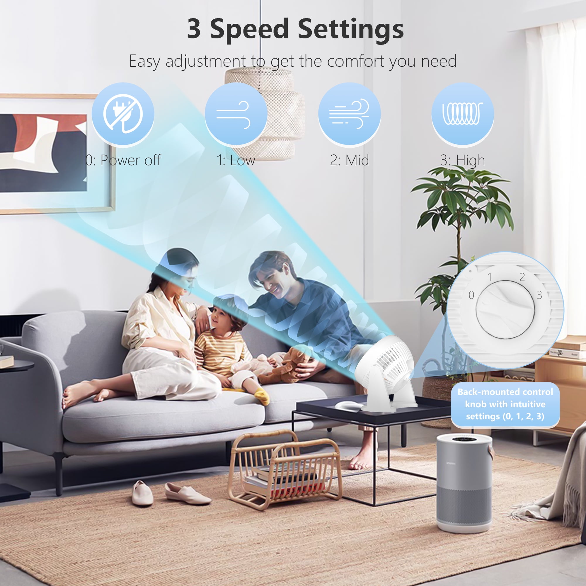 Qunler Table Fan, 9" Quiet Air Circulator Fan with 3 Speeds & 90° Pivoting Head, Air Conditioner Companion Small Desk Fan for Bedroom, Home, Office, Wall-Mounting Available, White