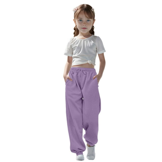 WENXIAOO Teen Girls Sweatpants Drawstring Sweatpants With Pockets Solid Color Purple Sweatpants Girls Kids Spring Fall Sweatpants Size 7-8 Years