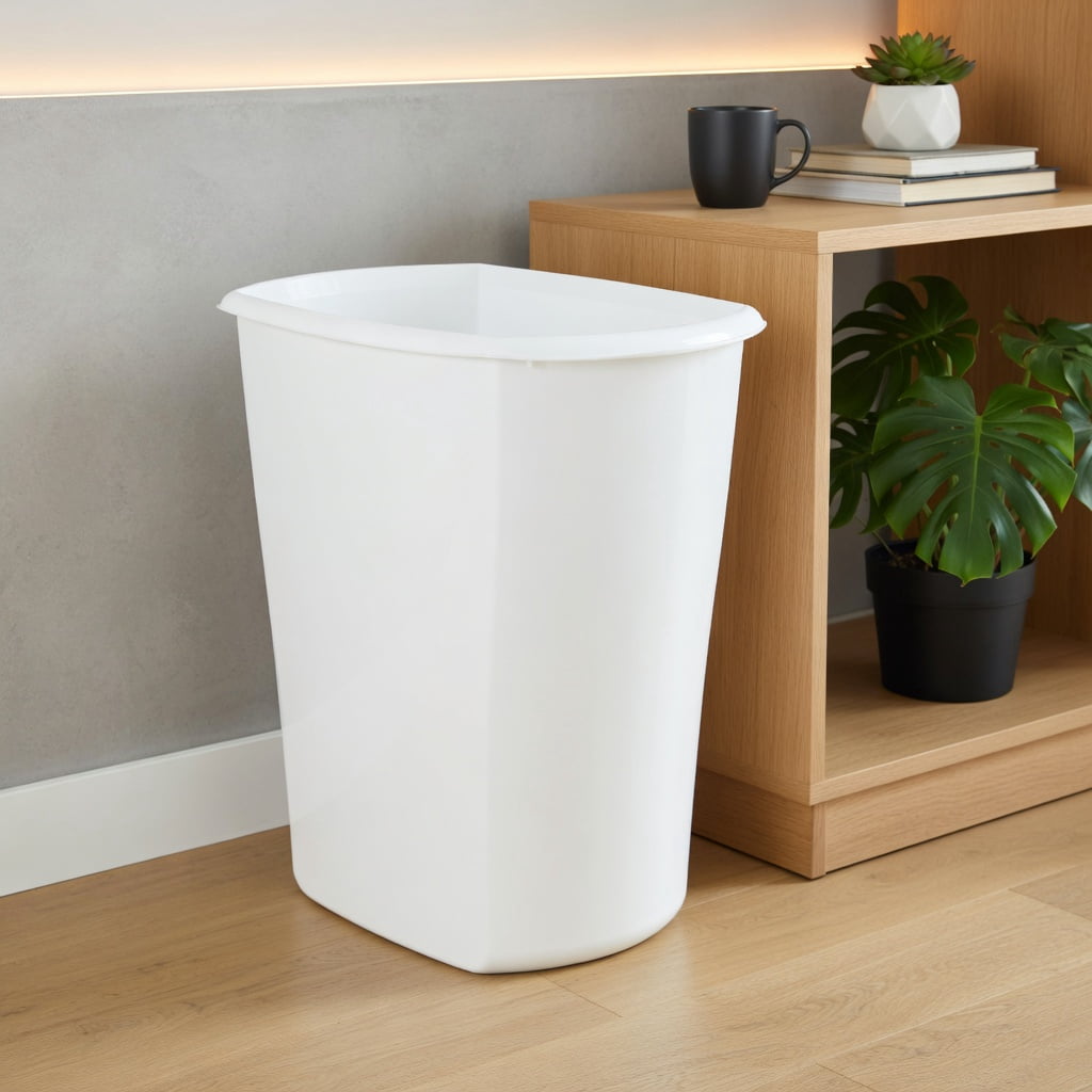 10 Gallon / 40 Quart White Plastic Rectangular Trash Can, Slim Space-Saving Wastebasket for Kitchen, Bathroom, Office or Garage - No Lid