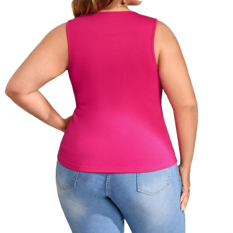 Women's Casual Plain Round Neck Tee Sleeveless Hot Pink Women T-Shirts  (Women's)