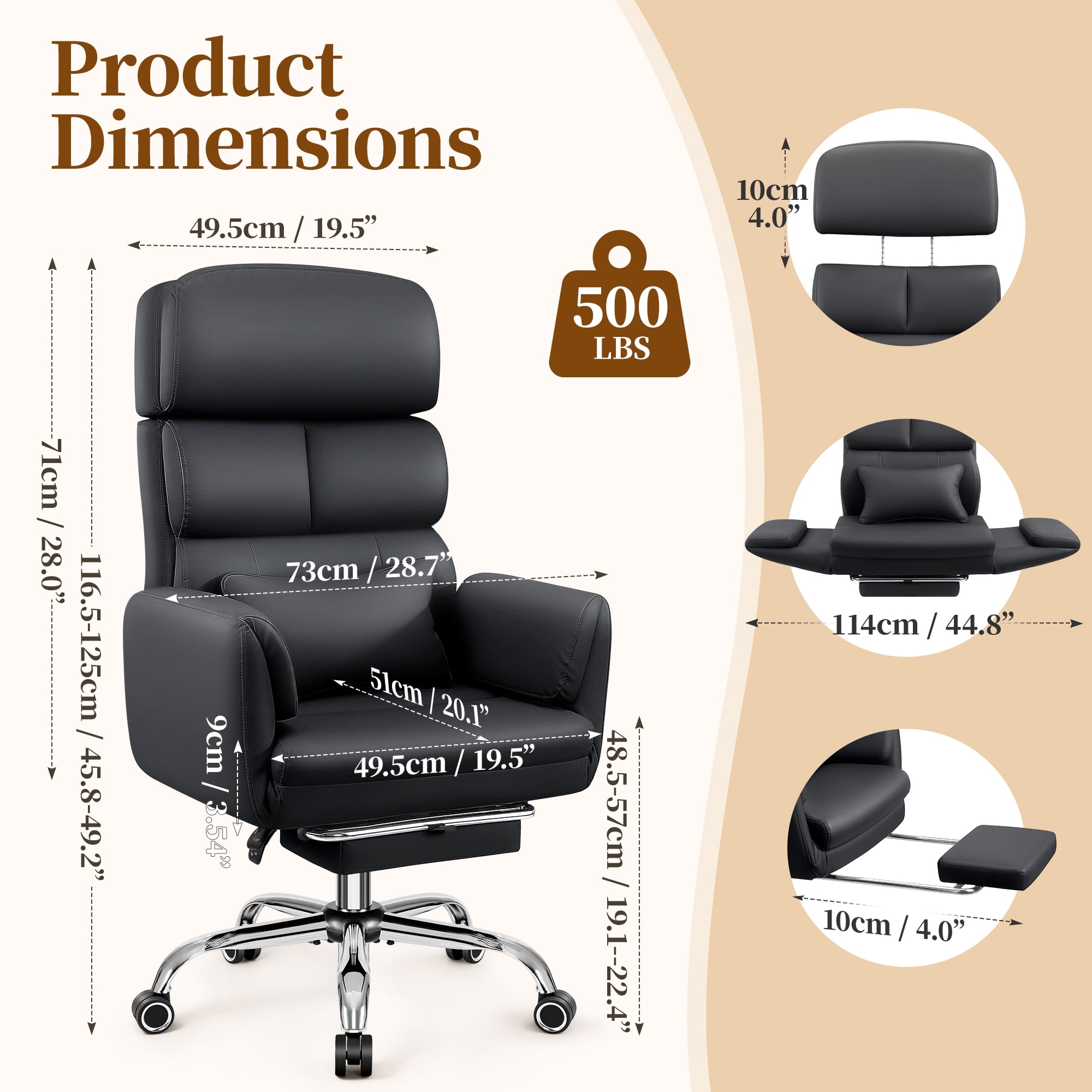 COOLHUT Big and Tall Office Chair 500LBS, Wide Seat Executive Office Desk Chair with Adjuatable Armrests and Headrest, PU Leather Hight Back Computer Chair with Footrest and Lumbar Suppor, Black