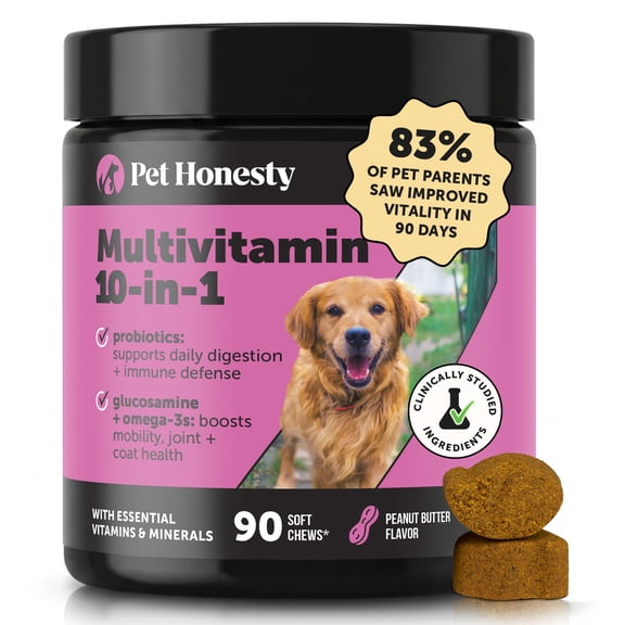 Pet Honesty 10 in 1 Multivitamin for Dogs Mobility Immune Skin Coat Support Supplement with Glucosamine Probiotics and Omegas, Peanut Butter Flavor, 90 Count Soft Chews