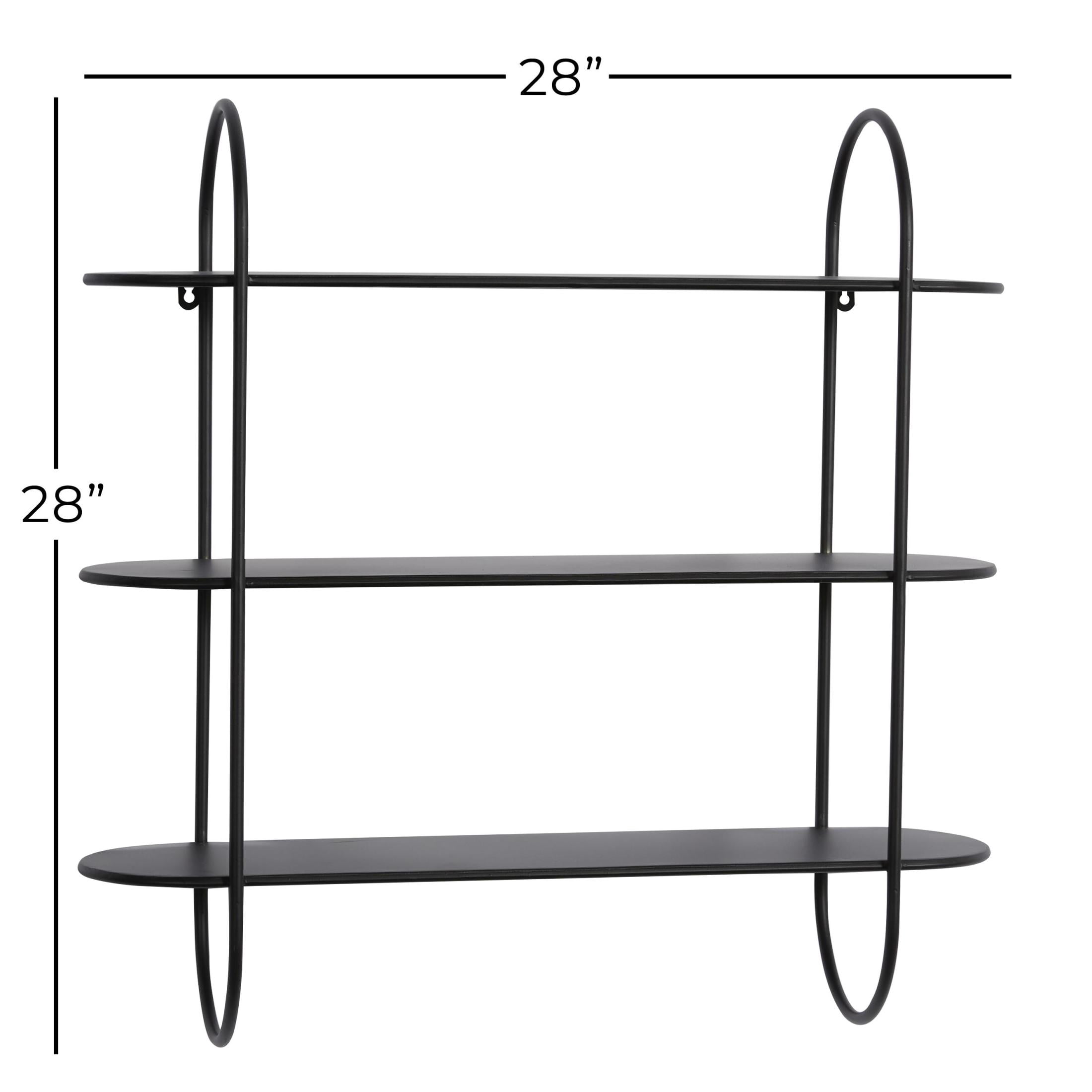 DecMode Black Industrial Metal Long with Round Edge 3 Tier Wall Shelf, 28"W x 28"H