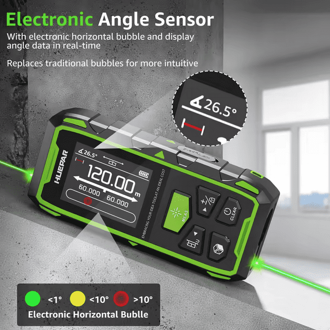 Huepar 393Ft Dual Green Laser Distance Measure, Rechargeable Digital Tool, LCD Backlit, 6 Units (Ft/In/M), Length/Area/Volume/Angle Sensor