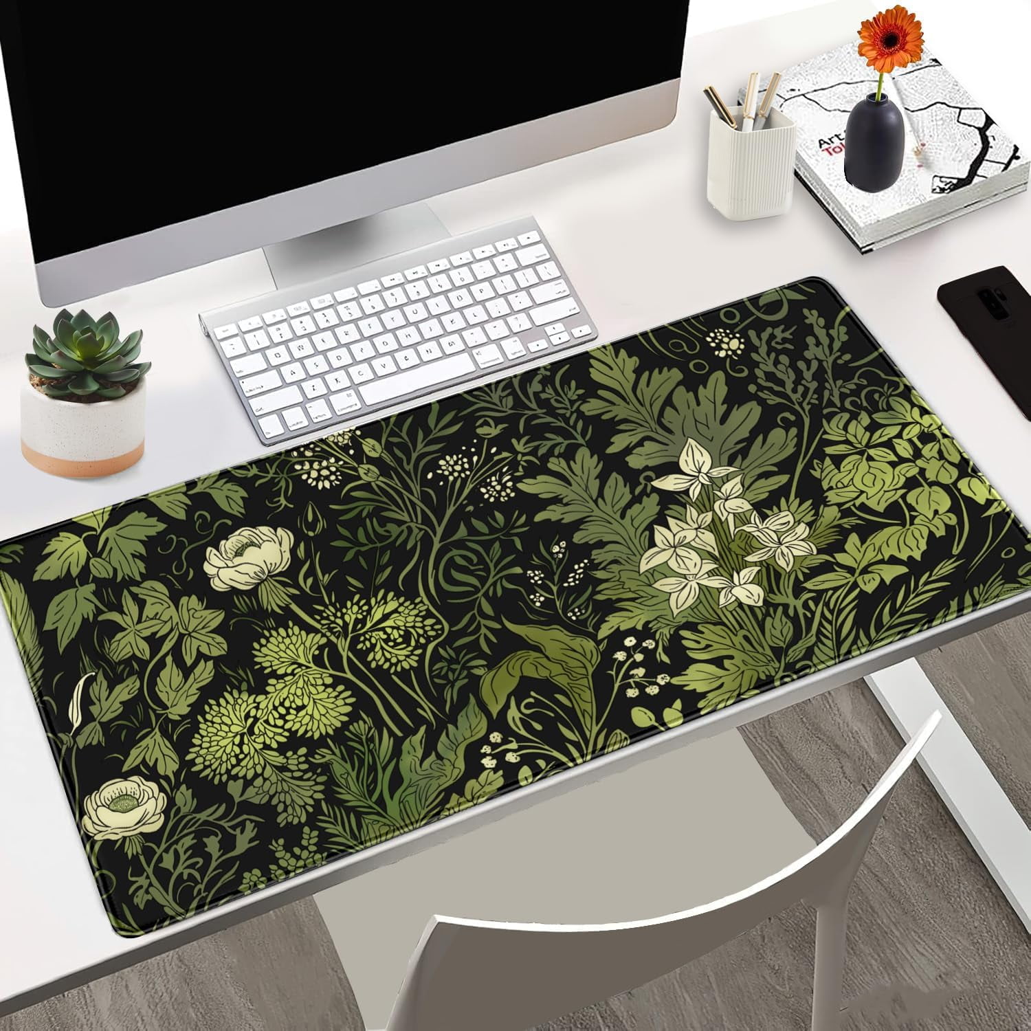 Floral Green Leaves Plant Pad Matt for Desktop Large Gaming Mousepad XXL Full Desk Mouse Pad Computer Keyboard Mat Deskmat Aesthetic Office Decor 31.5 X 15.7 Inch