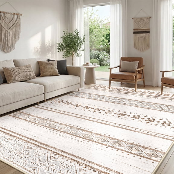 NewBuros 8'x10' Area Rugs for Living Room, Machine Washable Rug Non-Slip, Soft Low Pile Boho Moroccan Neutral Geometric Indoor Rug for Bedroom Kitchen Dining Room, Cream Brown