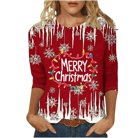 qelini Plus Size Christmas Shirts for Women 3/4 Sleeve Cute Printed Pullover Tops Crewneck Tunic Casual Holiday Blouses