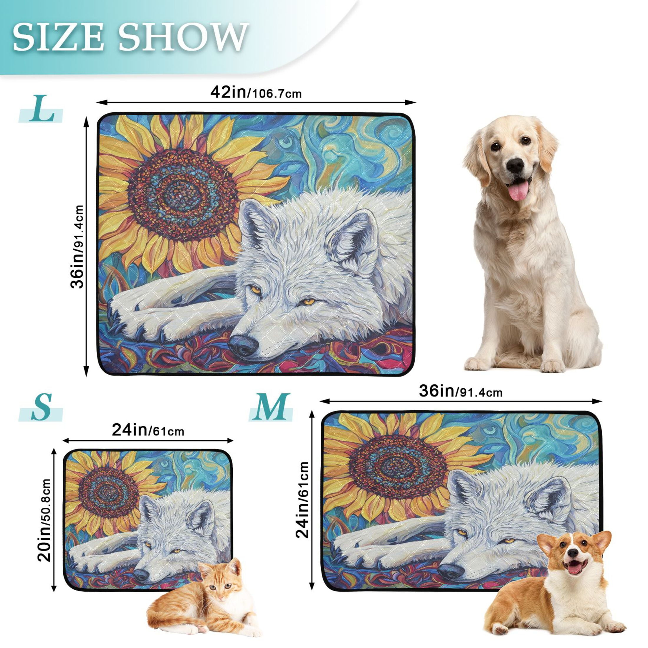 Qxltty White Wolf with Sunflower Cat litter Pads Pet Set of 3 Diaper Mats Center Anti-leakage Layer Absorbent Soft and Comfortable