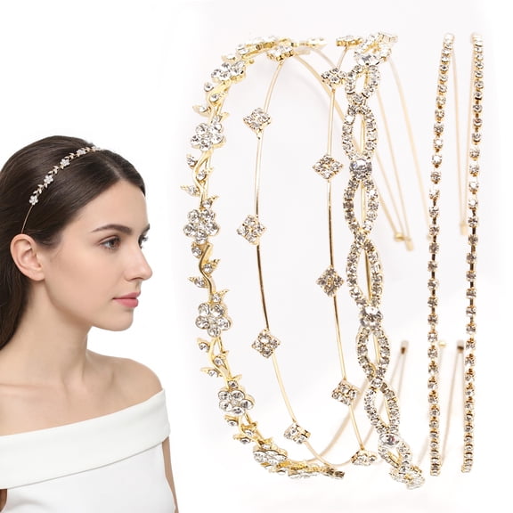 Style-Carry 4 Packs Gold Zircon Rhinestone Thin Headbands, Elegant Decorative Hair Bands for Women, Hair Accessories for Daily Makeup Wedding Prom Party