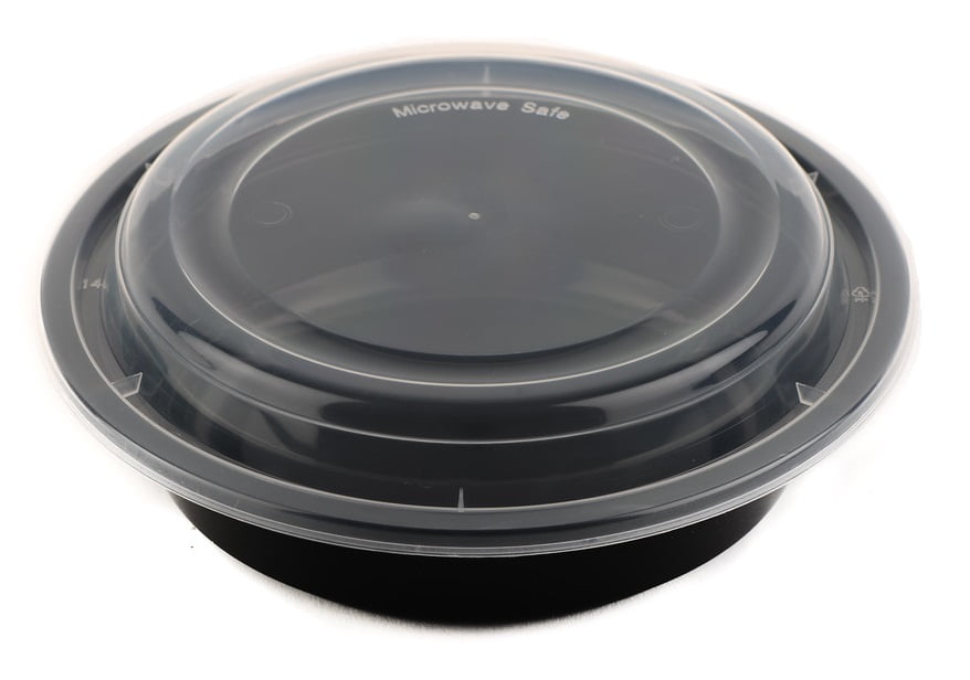 Tripak Premium 7" Round Black Plastic Container With Lid 20oz for Microwave or for sale online 
