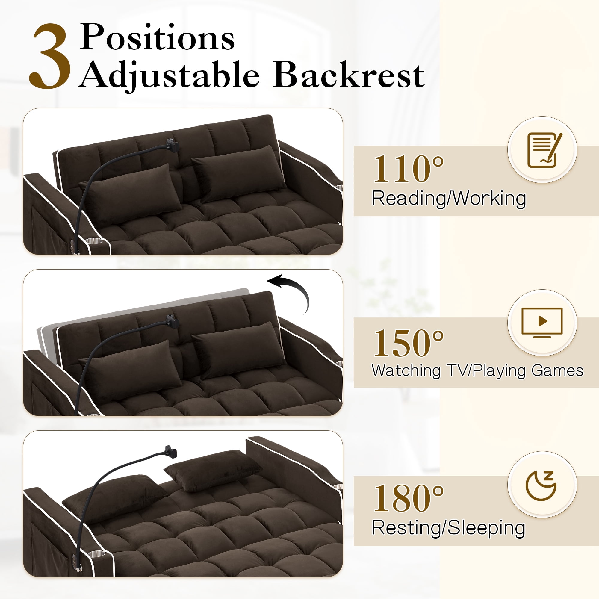 Dinosisco 4-in-1 Convertible Loveseat Sleeper, 55" Futon Sofa Bed with Phone Stand, USB, Brown Velvet