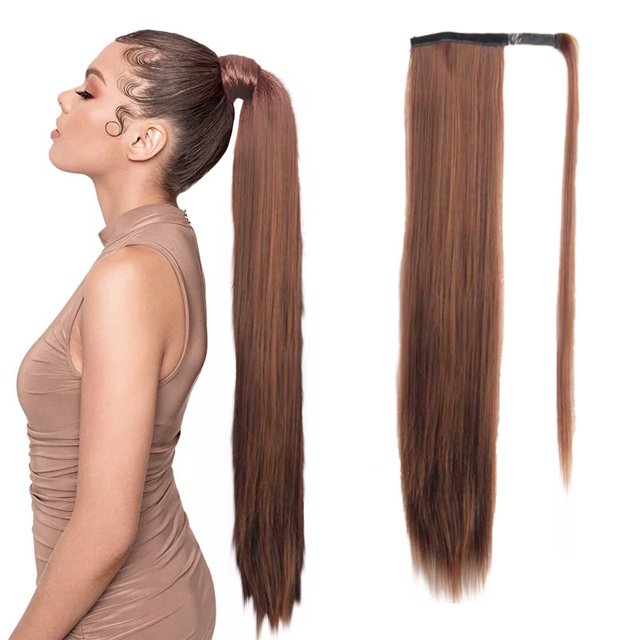 Extension de Queue de Cheval Droite Longue de 24 Pouces Aspect Naturel Postiches Enveloppantes Synthétiques Fibre Résistante à la Chaleur pour Femmes Noires Filles, Pull Toupie