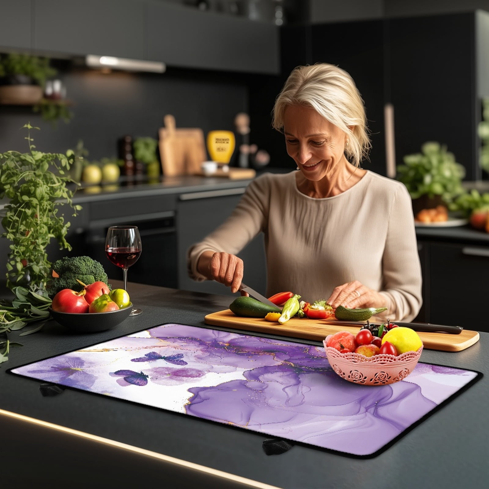 Renewold Glass Top Stove Cover Electric Stove Mat Foldable Non-slip Cooktop Mat Multipurpose Washer Dryer Top Protector Range Cover for Kitchen Counter, Butterfly Violet Marble