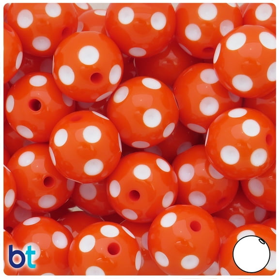 BeadTin Orange & White Polka Dot Opaque 20mm Round Plastic Beads (10pcs)