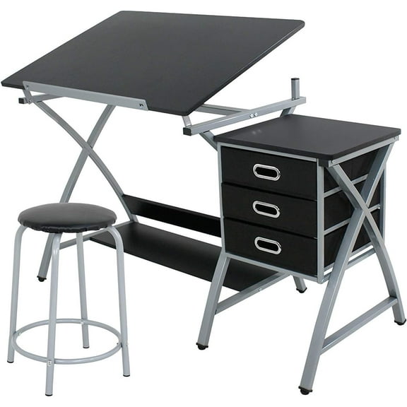 HYJY Adjustable Drafting Table Art & Craft Drawing Desk Craft Station Folding Tabletop Tilted Drawing Drafting Table W/Stool and Drawers