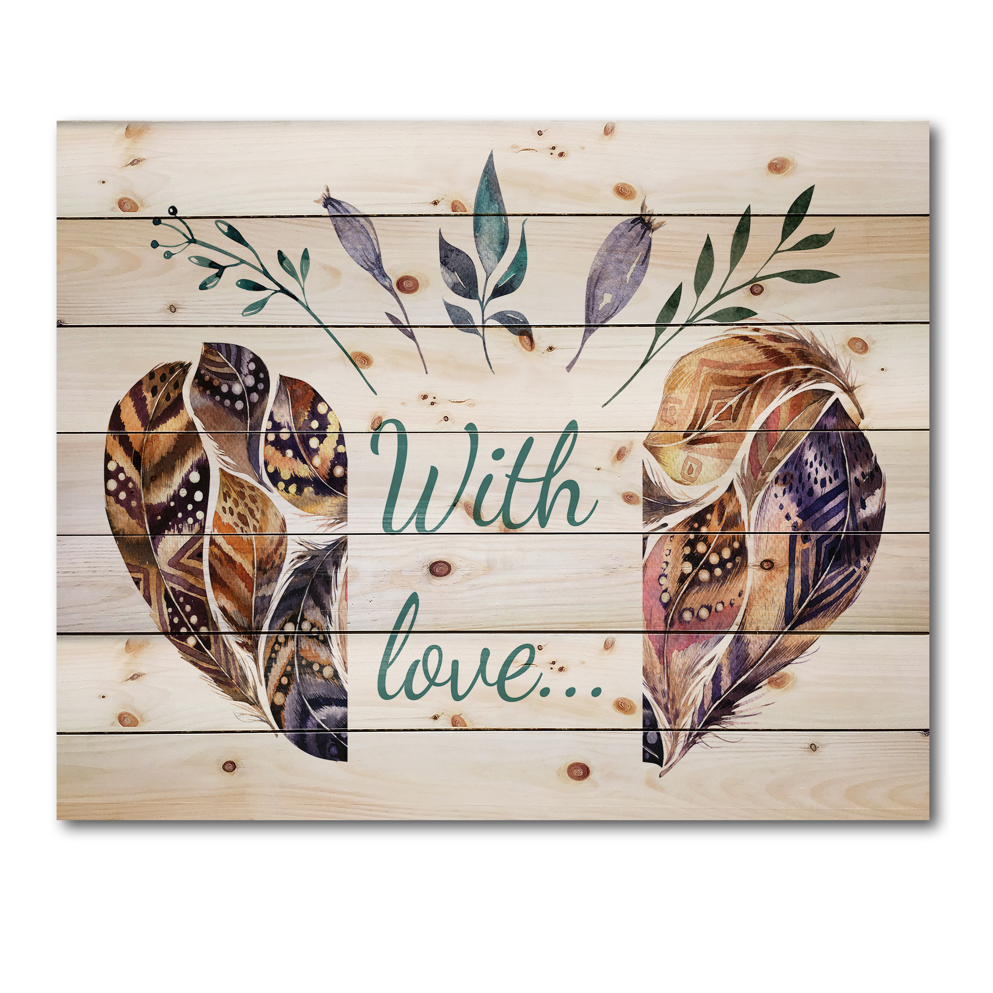 Designart 'Hearted Shaped Feathers With Love' Traditional Print on Natural Pine Wood
