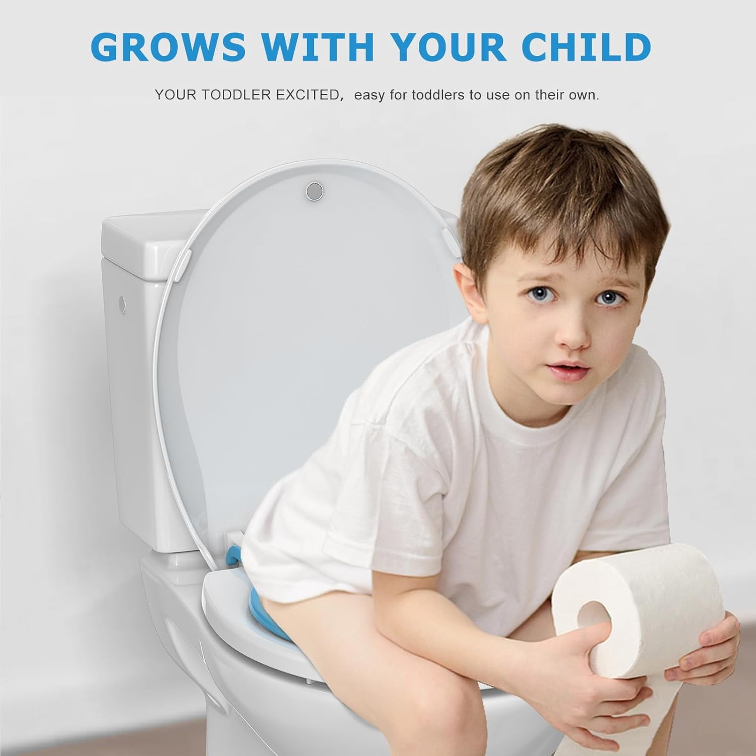 Round Toilet Seat with Built-In Potty Training Seat for Adult and Child Use, Soft Quiet-Close Lid with Non-Slip Design, Magnetic Kids Seat in Blue, Easy to Install and Clean 17''