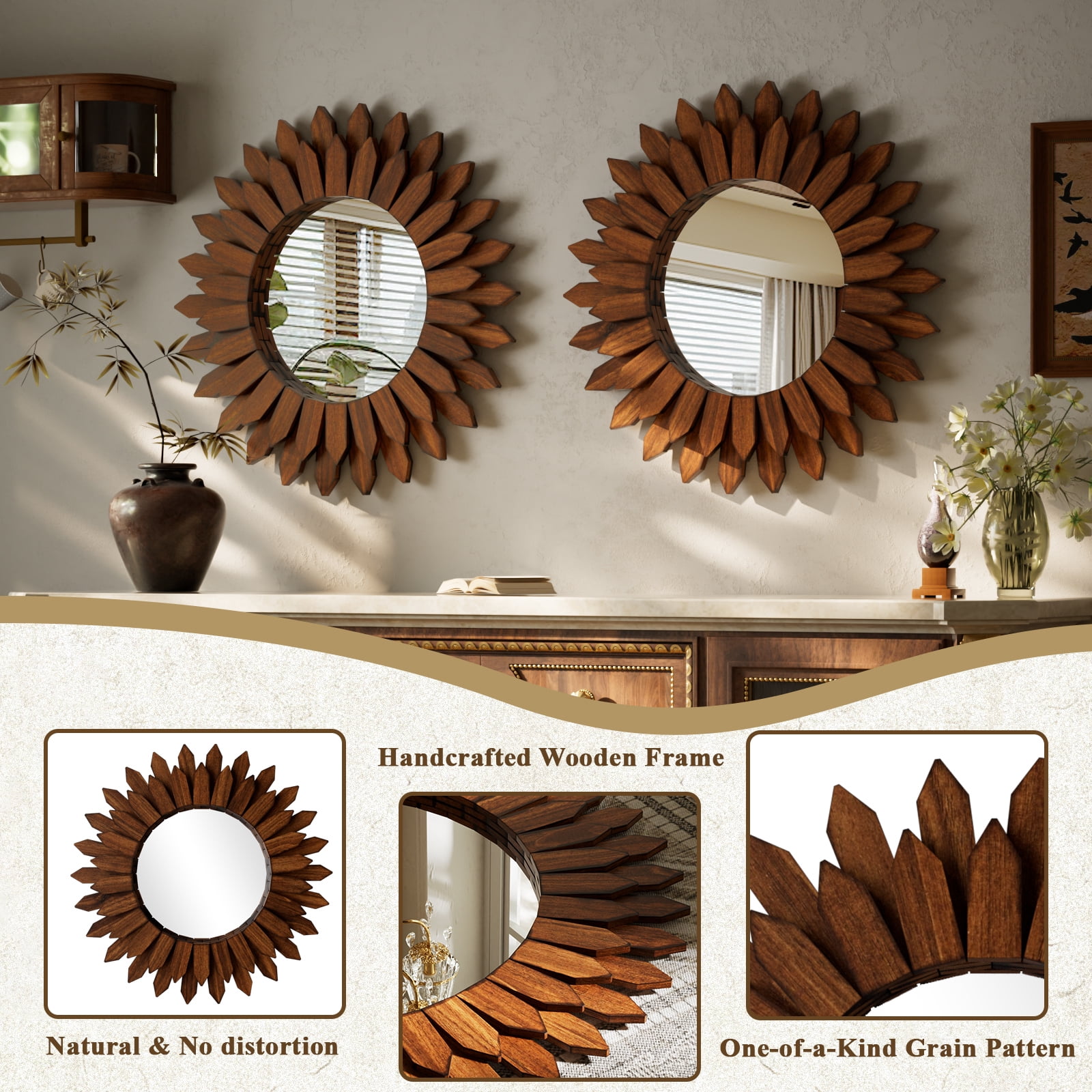 Easy4Home 20" Rustic Wood Mirror Wall Decoration Hanging Round Mirror,Dark Brown