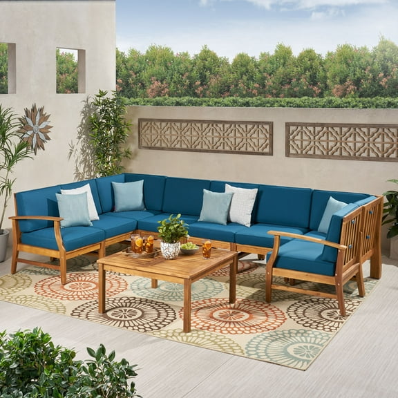 Bodhi Outdoor 8 Seater Acacia Wood Sectional Sofa and Table Set with Cushions, Teak, Blue