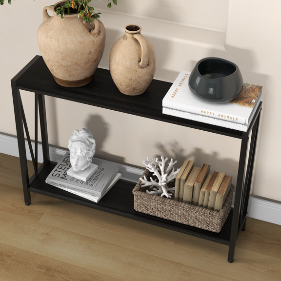Modern V-Shaped Narrow Console Table with Dual Storage Shelves, Stylish and Practical Accent Table for Entryway, Hallway, Living Room, Sleek Black Finish, Dimensions 42.9" D x 9.8" W x 29.9" H