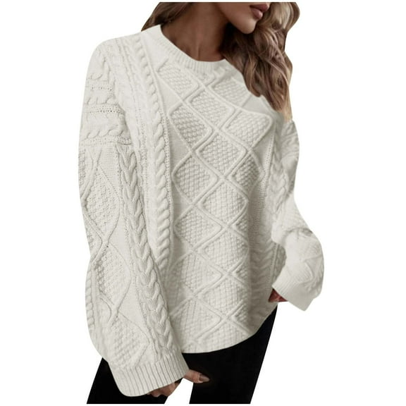 JYnXIANTI Womens Sweaters Solid Fashion Crewneck Long Sleeve Casual Loose Pullover Fall Winter Warm Cable Knit Tops