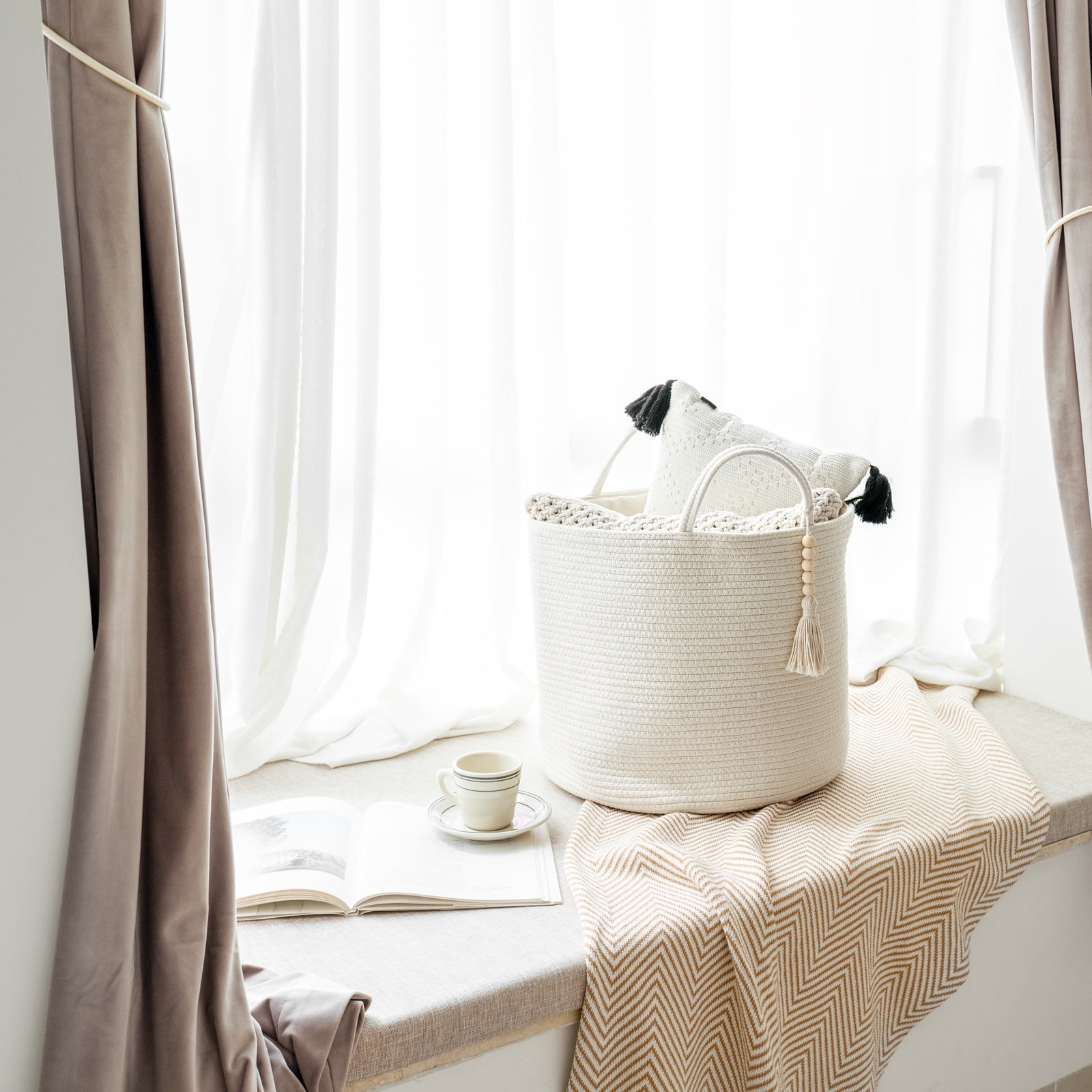 Mkono Woven Cotton Rope Storage Basket, Handles