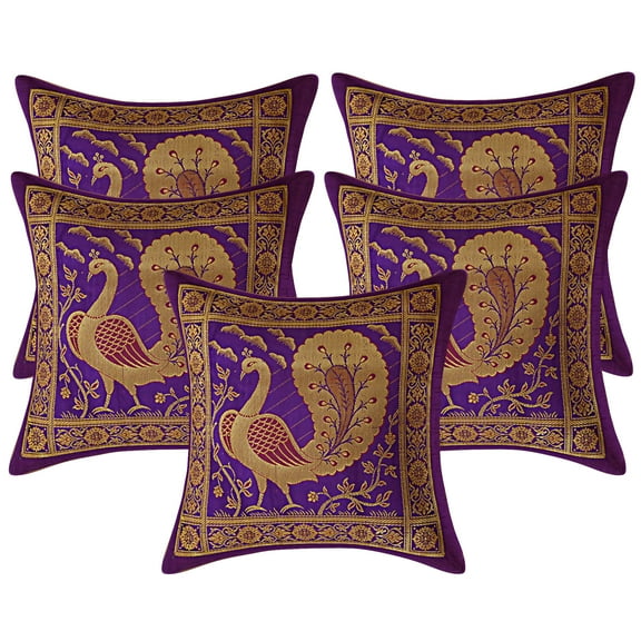 Stylo Culture Indian Decorative Sofa Brocade Purple And Gold Throw Pillow Covers 12x12 Jacquard Weave Banarasi Spring Throw Pillow Covers Dancing Peacock Floral 30x30 cm Cushion Covers (Set Of 5)