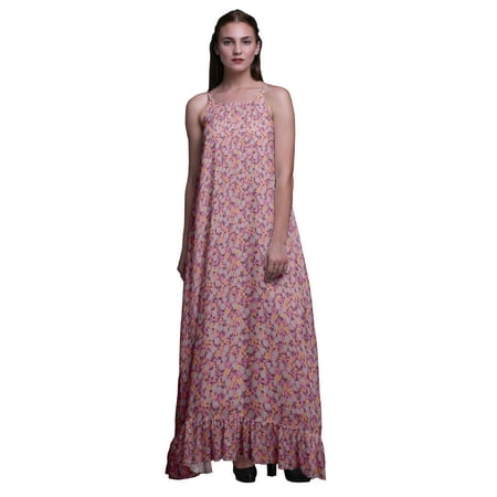 

Bimba Light Pink3 Floral Leaves & Night Jasmine Womens Sleepwear Long Nightgown Printed Spaghetti Strap Ladies Nightwear XX-Large