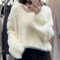 thumbnail image 2 of Suéter corto coreano para mujer, suéter holgado de otoño e invierno, suéter blanco esponjoso de estilo perezoso con clavícula, 2 of 5
