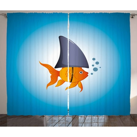 Shark Curtains 2 Panels Set Little Goldfish Wearing A Shark Fin