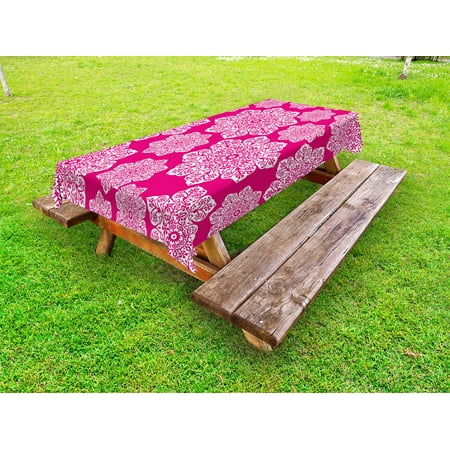 Hot Pink Outdoor Tablecloth, White Floral Design Ornate Mandala Inspired Round Motifs Traditional Pattern, Decorative Washable Fabric Picnic Table Cloth, 58 X 84 Inches,Hot Pink White, by Ambesonne