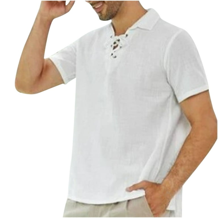 HAPIMO Lapel Collar Fashion Tops Short Sleeve T-Shirt for Men Solid Color  Blouse Casual Loose Fit Lanyard Tee Clothes Men's Summer Shirts White XXL 