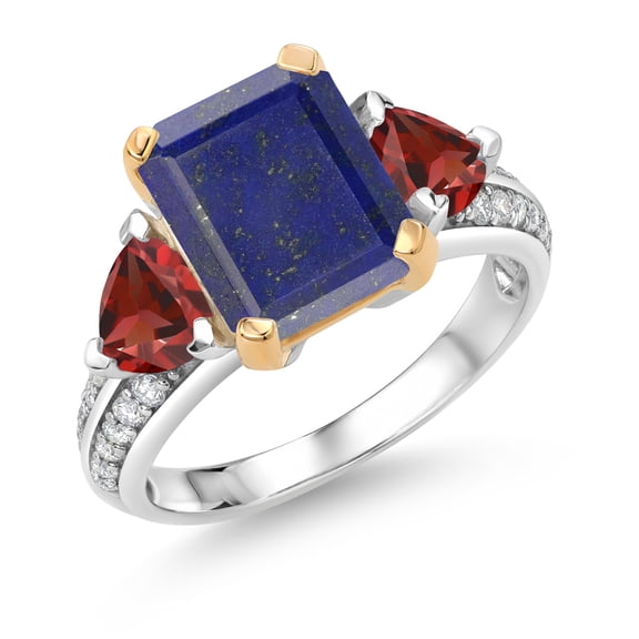 Gem Stone King 925 Sterling Silver and 10k Yellow Gold Blue Lapis and Red Garnet 3 Stone Engagement Ring for Women (4.27 Cttw, Emerald Cut Cut 10X8MM, Size 5)