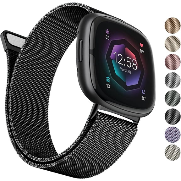 Metal Band Compatible with Fitbit Sense 2 /Sense Bands/Versa 4 / Versa 3 Bands Women Men, Stainless Steel Mesh Loop Strap for Fitbit Sense 2/Sense/Versa 4/Versa 3 Smart Watch,Black