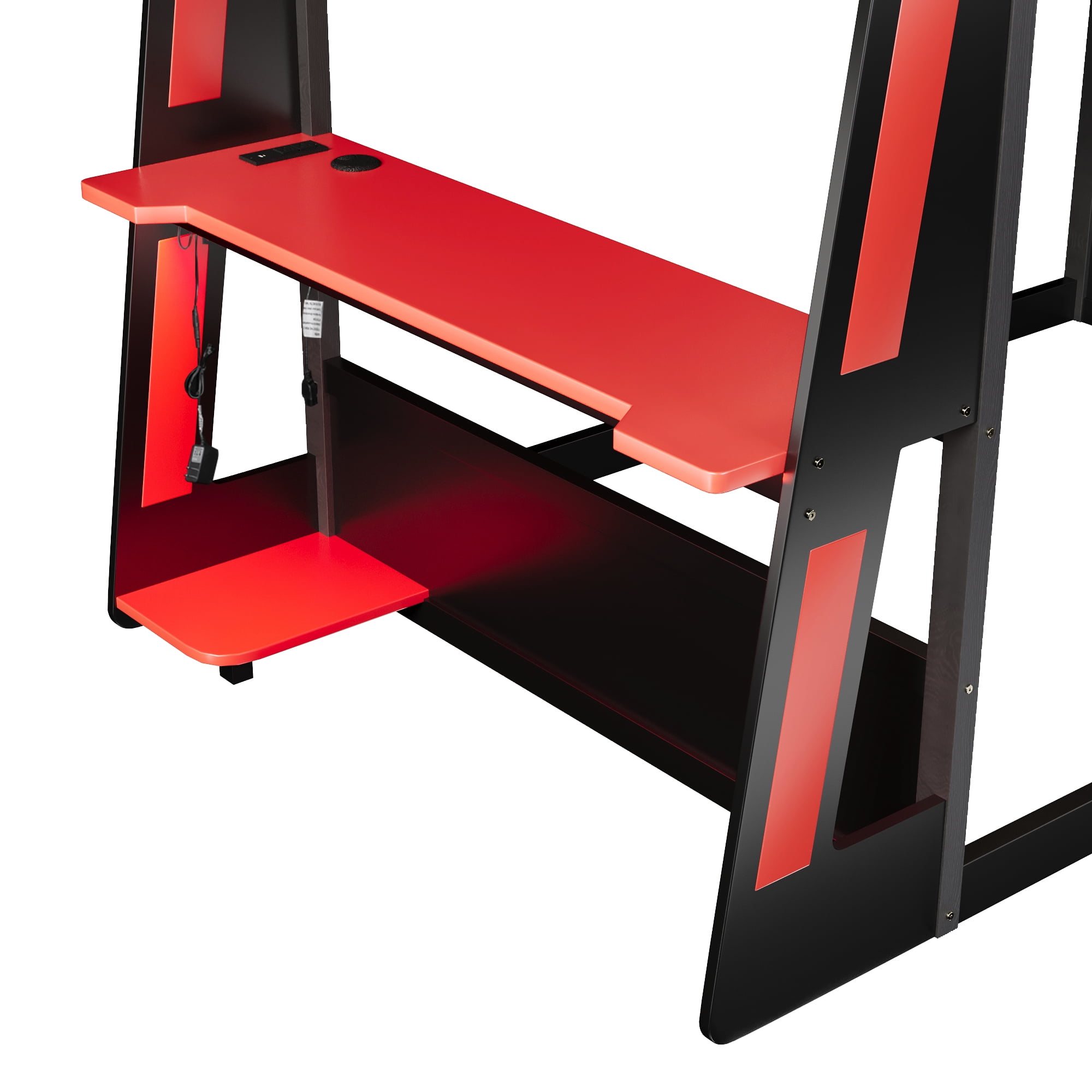 Euroco Wood Full over Full Size Bunk Bed with Shelves, Gaming Bed with Desk, USB Charging and LED Light, Black&Red