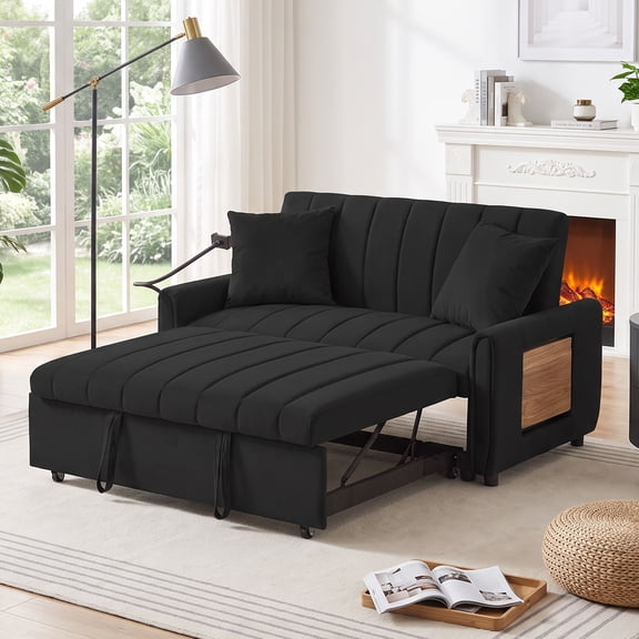 3‑in‑1 Convertible Sleeper Sofa Bed, Velvet Pull‑Out Loveseat Sofa with 3‑Level Adjustable Backrest, USB Charging Ports, Foldable Side Table & Phone Holder for Living Room Apartment, Black