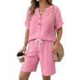 thumbnail image 2 of Enjoytime Shorts Sets Women 2 Piece Outfits V-Neck Button Down Shirts Matching Set Short Sleeve Casual Travel Outfits, 2 of 5