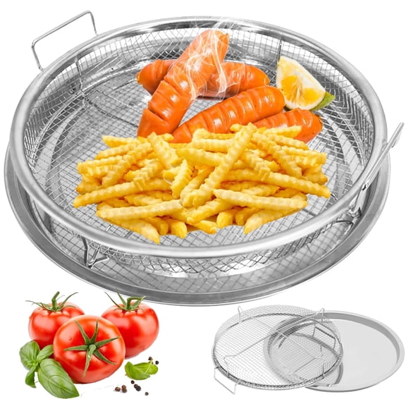 Air Fryer Basket for Oven,2 Pieces Set Round Silver 12.9'' Non-stick Stainless Steel Mesh Air Fryer Baking Tray Accessories Rack Roasting Grill Basket for Convection Oven Air Fryer, Dishwasher Safe
