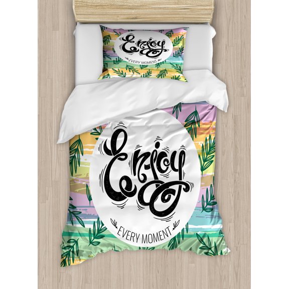 Enjoy Every Moment Duvet Cover Set Twin Size, Text in Round Frame and Leafy Branches on Vibrant Brushstrokes, Decorative 2 Piece Bedding Set with 1 Pillow Sham, Multicolor, by Ambesonne