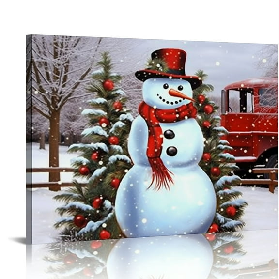Fenyluxe Snowman Christmas Tree Red Truck Wall Decor Canvas Prints for Bathroom and Home Art Ready To Hang 16x12in