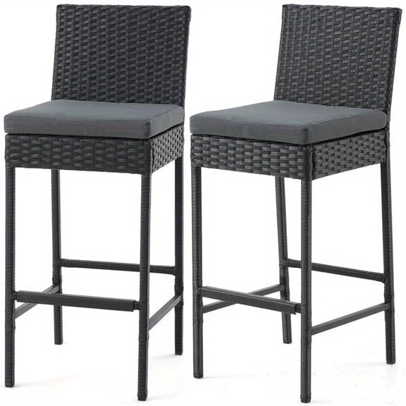 Set of 2 Wicker Outdoor 30" Bar Stools with Cushions, All-Weather High Bar Chairs for Patio, Poolside, and Backyard - Comfortable and Stylish Seating for Outdoor Gatherings and Entertaining