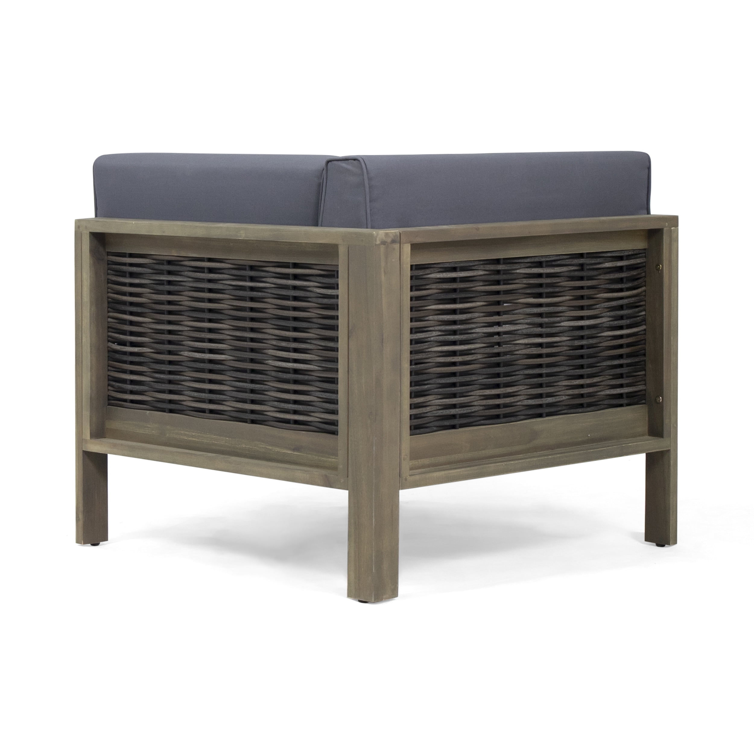 Cayson Outdoor 5 Seater Wood and Wicker Sectional Sofa Set, Gray, Dark Gray