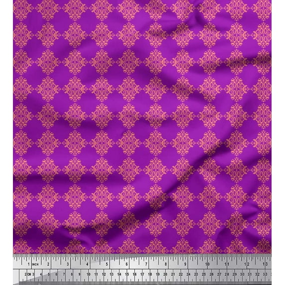Soimoi Purple Heavy Satin Fabric Damask Ethnic Printed Fabric 1 Yard 54 Inch Wide
