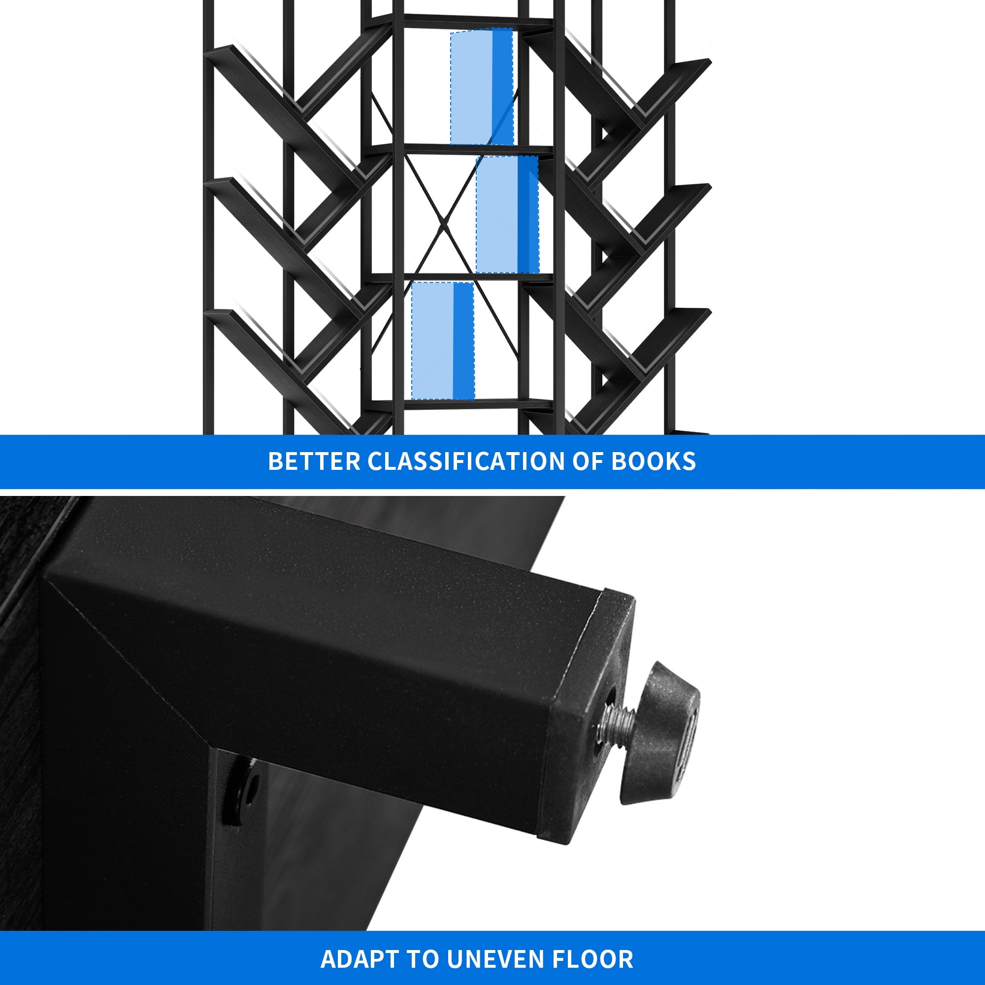 Dextrus 5 Tier Tall Bookshelf, 70.8" Wide Tree Bookcase, Industrial Large Bookshelves, Etagere Storage Display Shelf for Living Room,Bedroom, Home Office, Black