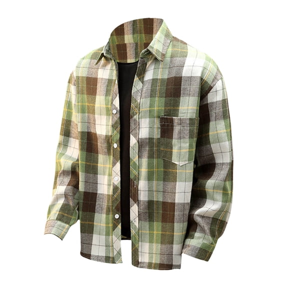 Plaid Shirts for Men Staple Long Sleeve Shirt Button Turn Down Collar Casual Lightweight Shirt Green L