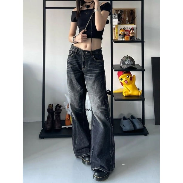 HOUZHOU Grunge Y2k Black Jeans Women Baggy Vintage High Street